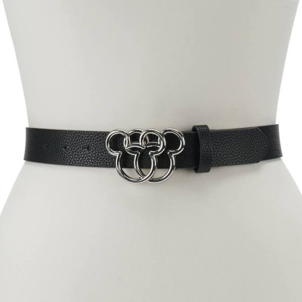 Mickey Mouse silhouette Sliver Buckle Black Faux Leather Belt